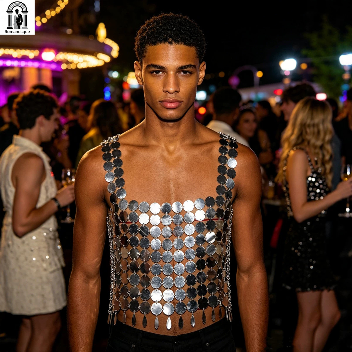 Body Jewelry Vest - Fashion Men's Sparkly Disc Chain Sling