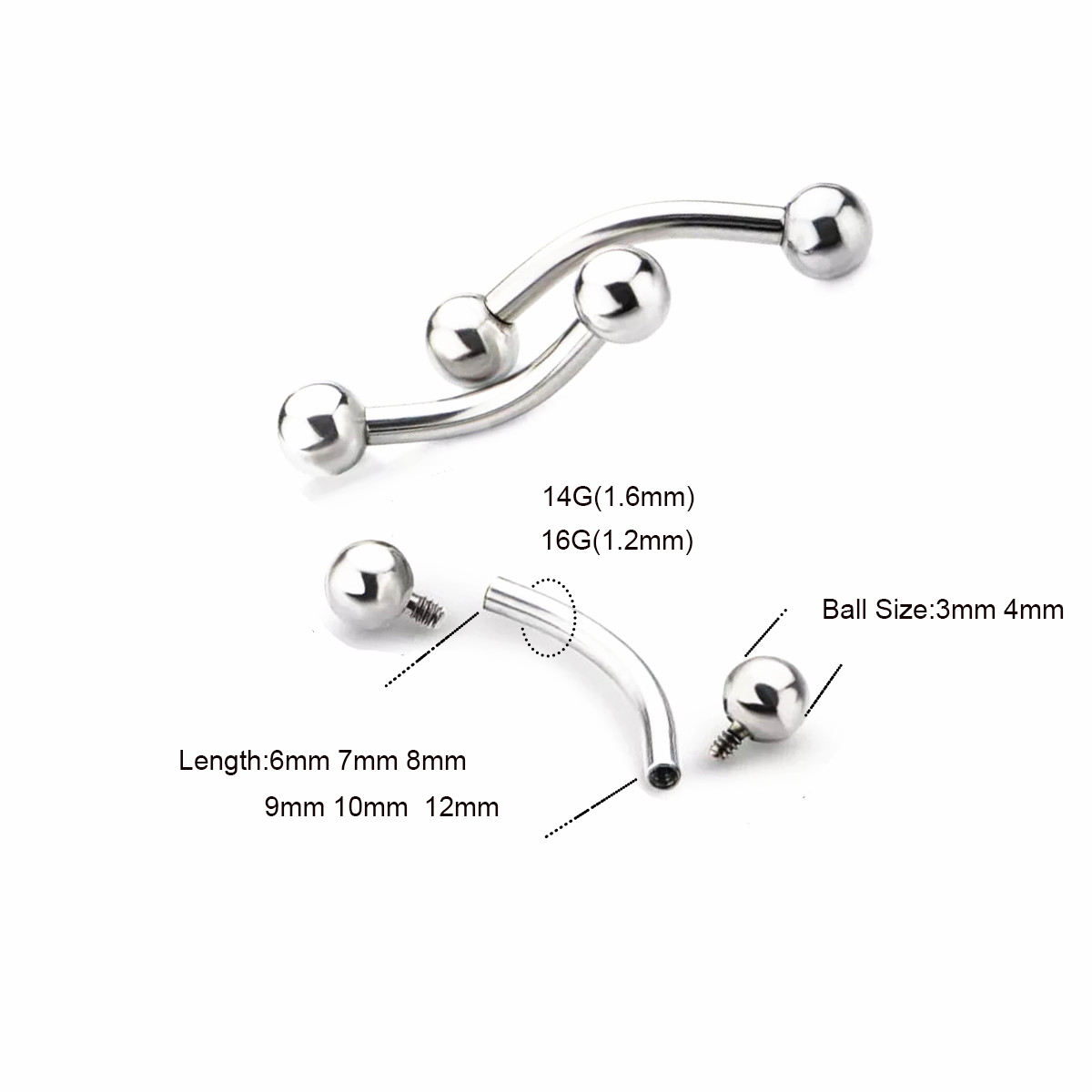10 Pcs ASTM F136 Titanium 14G  - Eyebrow Curved Barbell 评论和价格