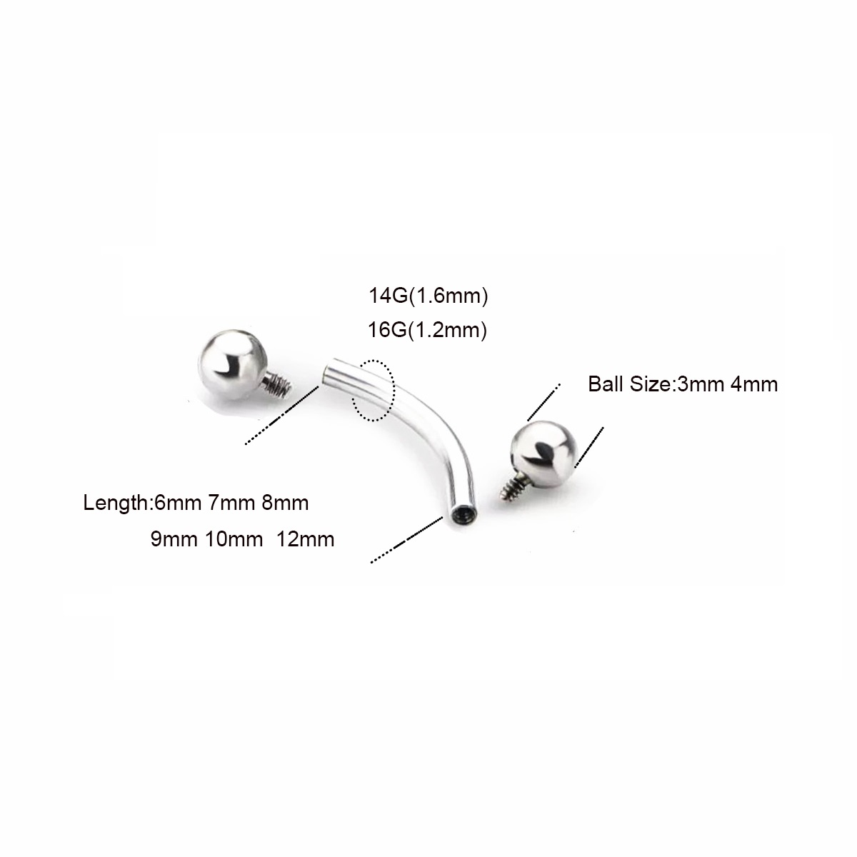 10 Pcs ASTM F136 Titanium 14G  - Eyebrow Curved Barbell 评论和价格